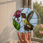Hummingbird pink fuchsia flower acrylic puzzle suncatcher hanging by a sunny window with clear frame and metal chain