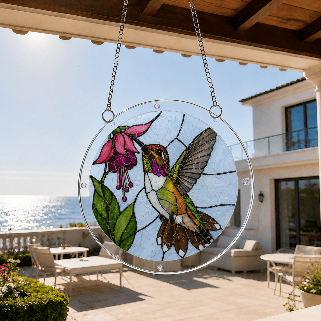 Hummingbird pink fuchsia flower acrylic puzzle suncatcher hanging near an outdoor patio view