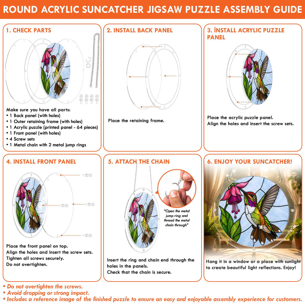 Easy assembly guide for round hummingbird pink fuchsia flower acrylic puzzle suncatcher