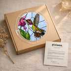 Gift-ready packaging for hummingbird pink fuchsia flower acrylic puzzle suncatcher with kraft box and Pixiwoo card