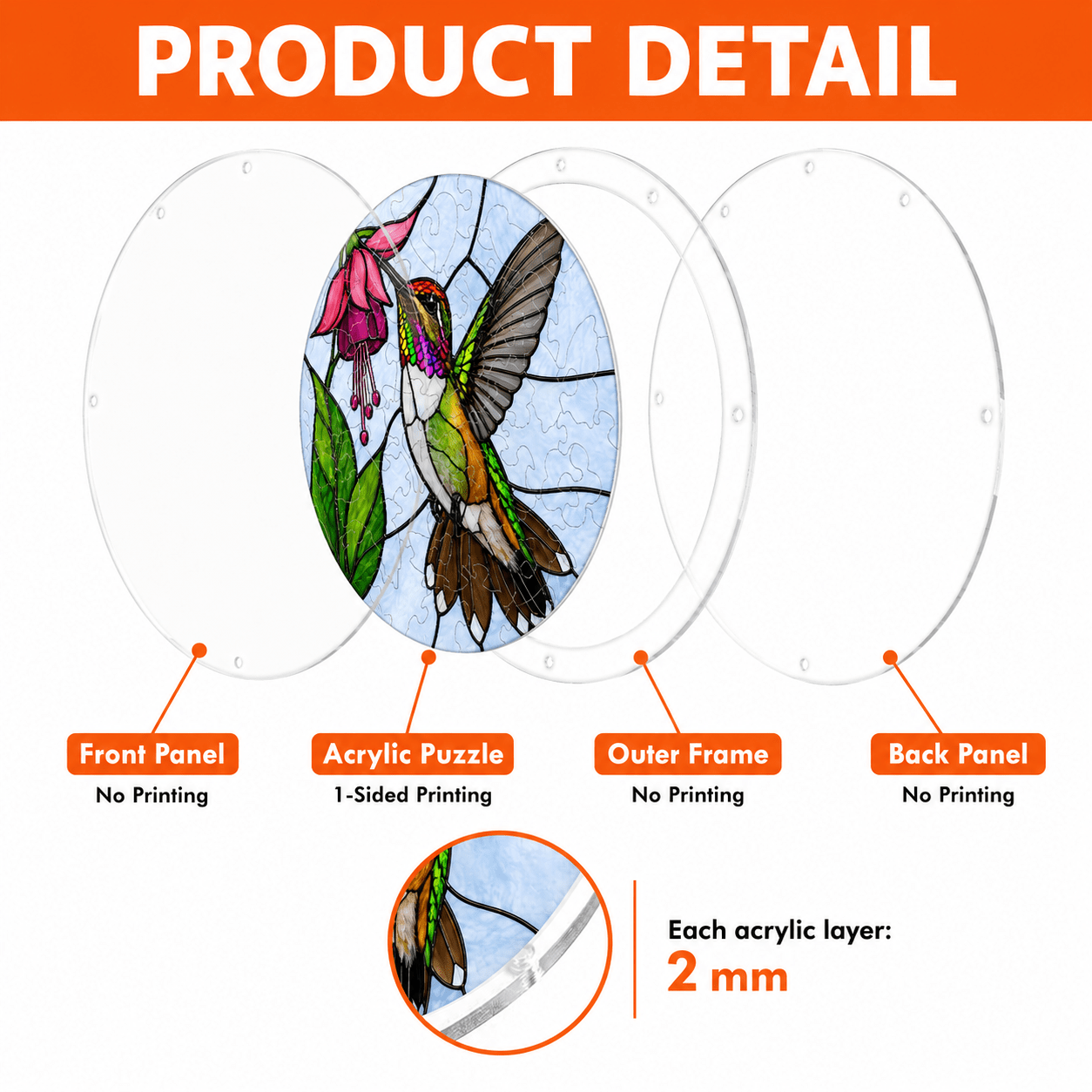 Layered acrylic design for hummingbird pink fuchsia flower puzzle suncatcher with clear panels, printed puzzle layer, and outer frame