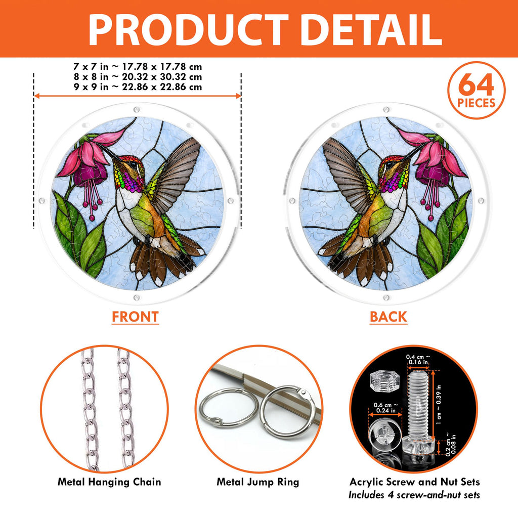 Product details for hummingbird pink fuchsia flower acrylic puzzle suncatcher showing sizes, 64 pieces, hanging chain, jump rings, and screw sets