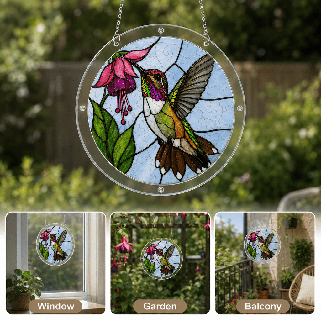 Hummingbird pink fuchsia flower acrylic puzzle suncatcher displayed as window, garden, and balcony decor