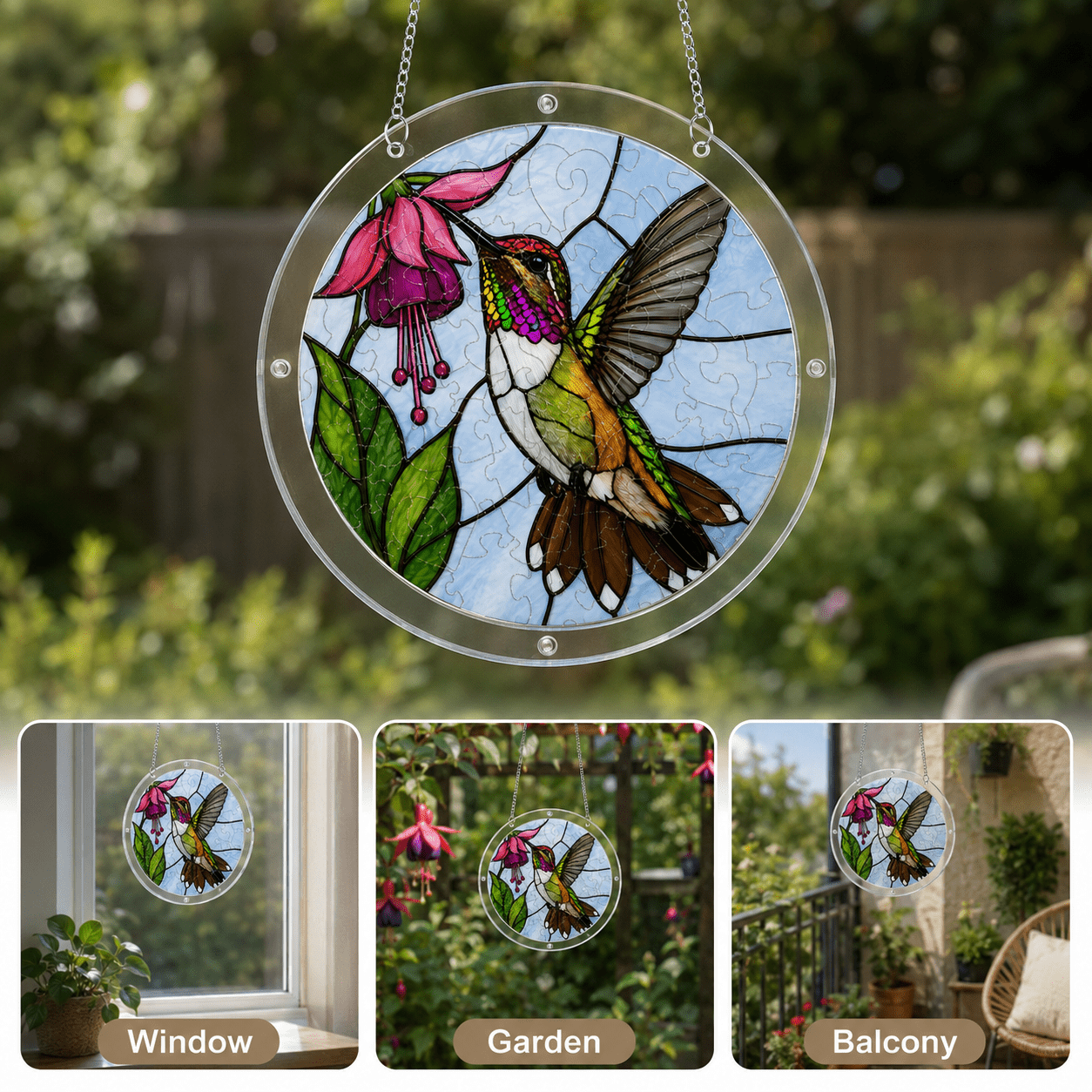 Hummingbird pink fuchsia flower acrylic puzzle suncatcher displayed as window, garden, and balcony decor