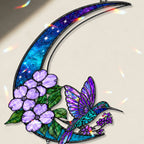 Hummingbird purple blossom crescent moon holographic acrylic suncatcher