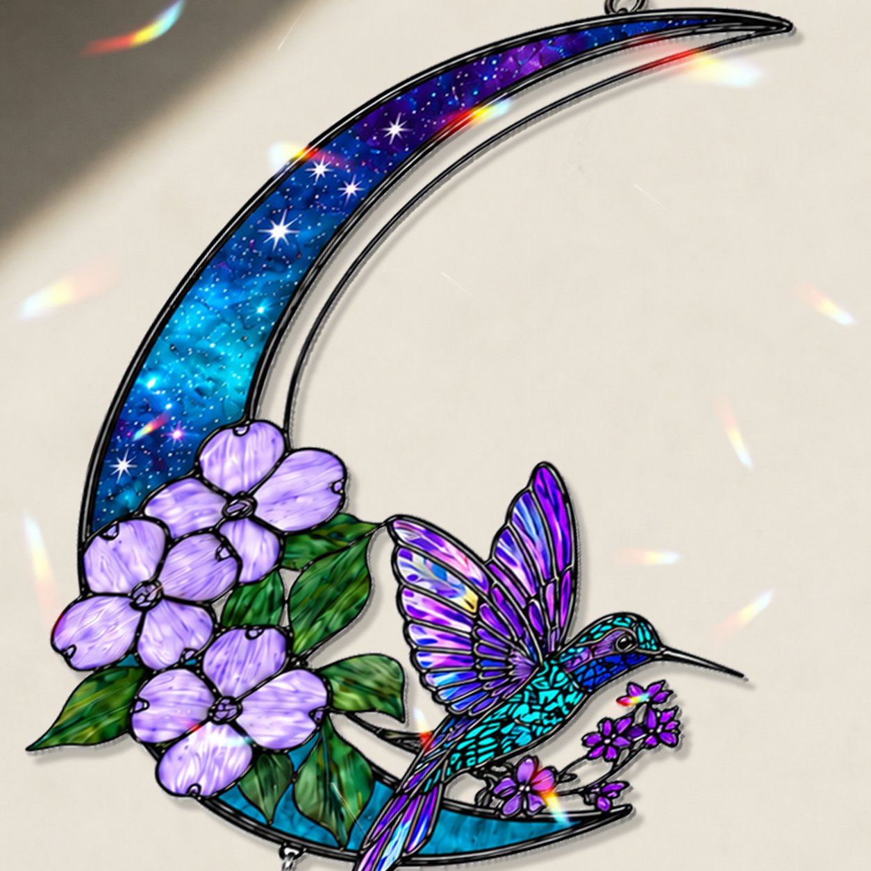Hummingbird purple blossom crescent moon holographic acrylic suncatcher