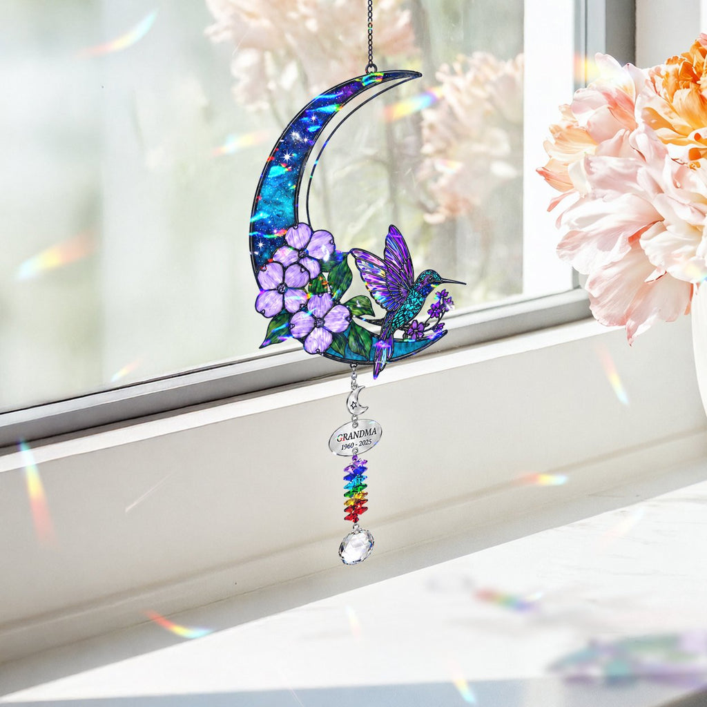Hummingbird purple blossom holographic suncatcher rainbow light