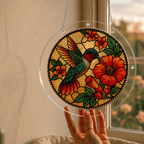 Hand holding a hummingbird red hibiscus acrylic puzzle suncatcher by a sunny window