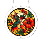 Round hummingbird red hibiscus acrylic puzzle suncatcher on white background with clear frame and hanging chain