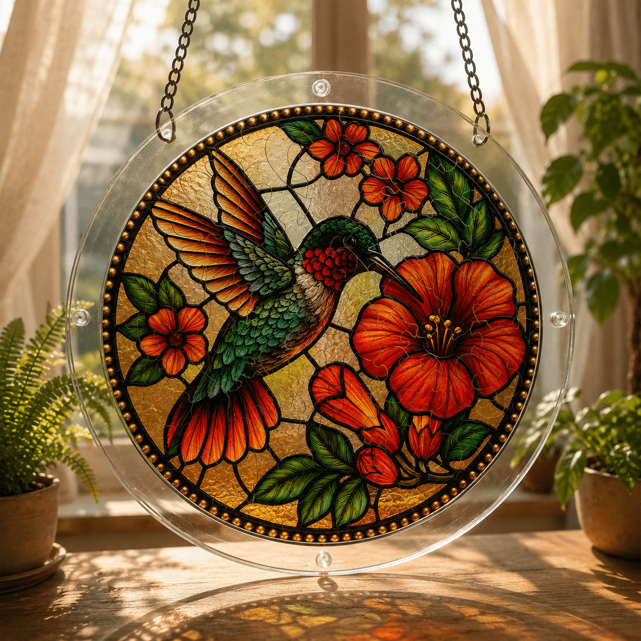 Hummingbird red hibiscus acrylic puzzle suncatcher hanging by a sunny window with clear acrylic frame and metal chain