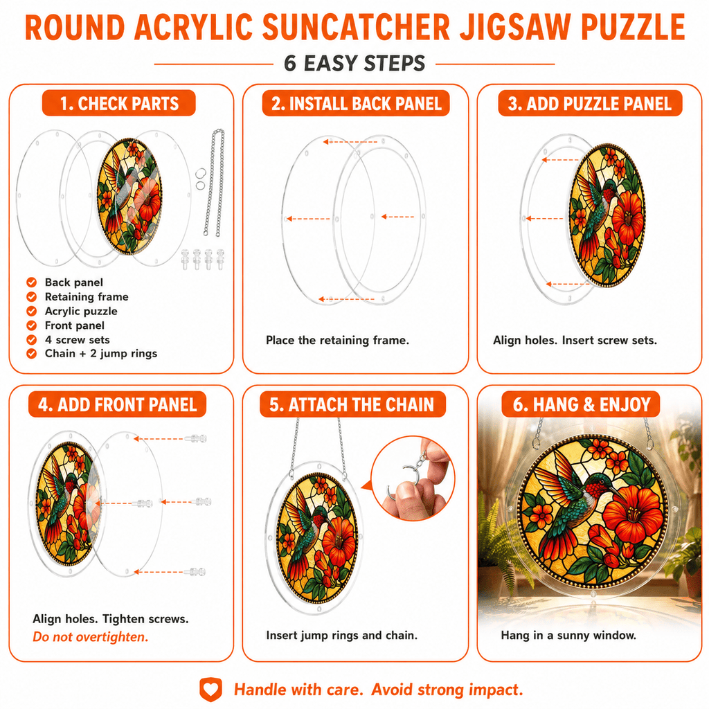 Assembly guide for round hummingbird red hibiscus acrylic puzzle suncatcher