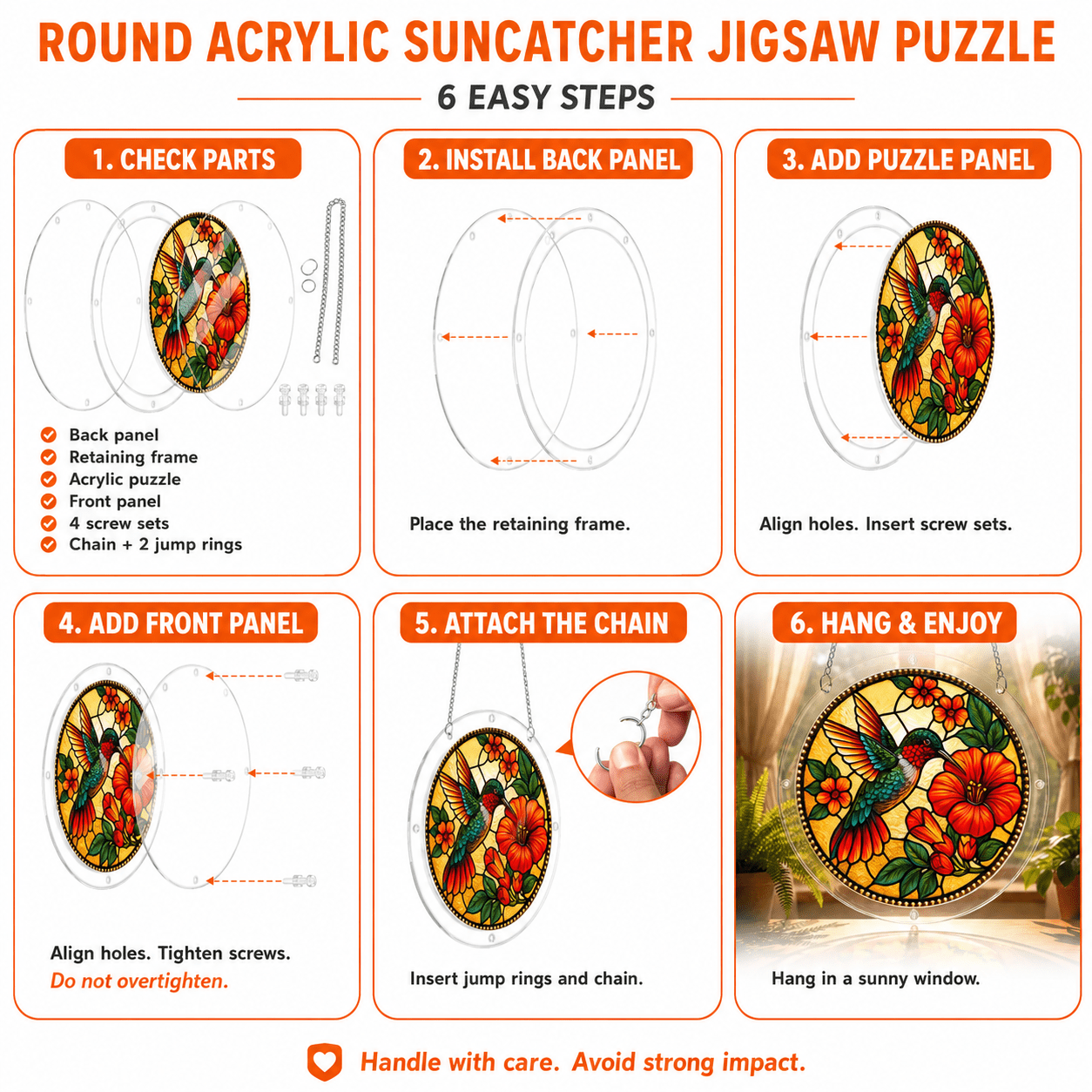 Assembly guide for round hummingbird red hibiscus acrylic puzzle suncatcher