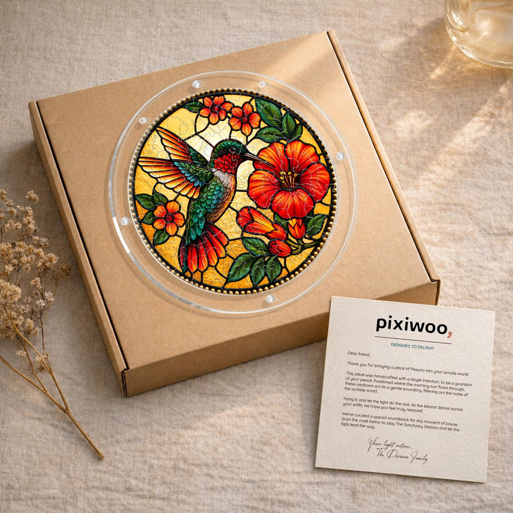 Gift-ready packaging for hummingbird red hibiscus acrylic puzzle suncatcher with kraft box and Pixiwoo card
