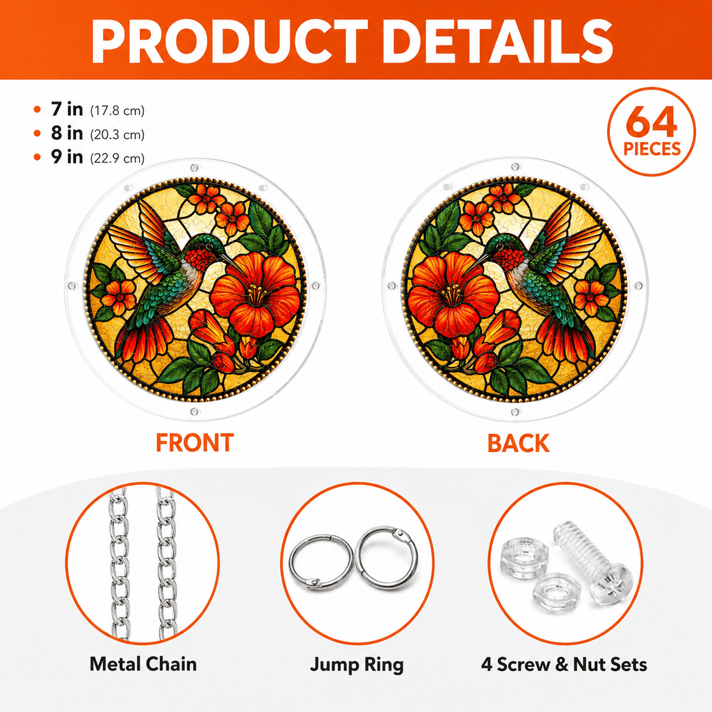 Product details for hummingbird red hibiscus acrylic puzzle suncatcher showing sizes, 64 pieces, metal chain, jump rings, and screw and nut sets