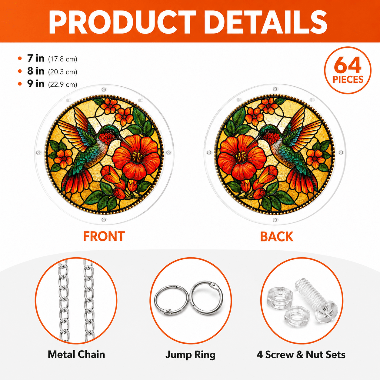 Product details for hummingbird red hibiscus acrylic puzzle suncatcher showing sizes, 64 pieces, metal chain, jump rings, and screw and nut sets