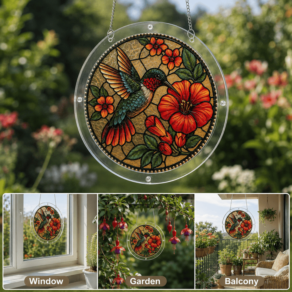 Hummingbird red hibiscus acrylic puzzle suncatcher displayed as window, garden, and balcony decor