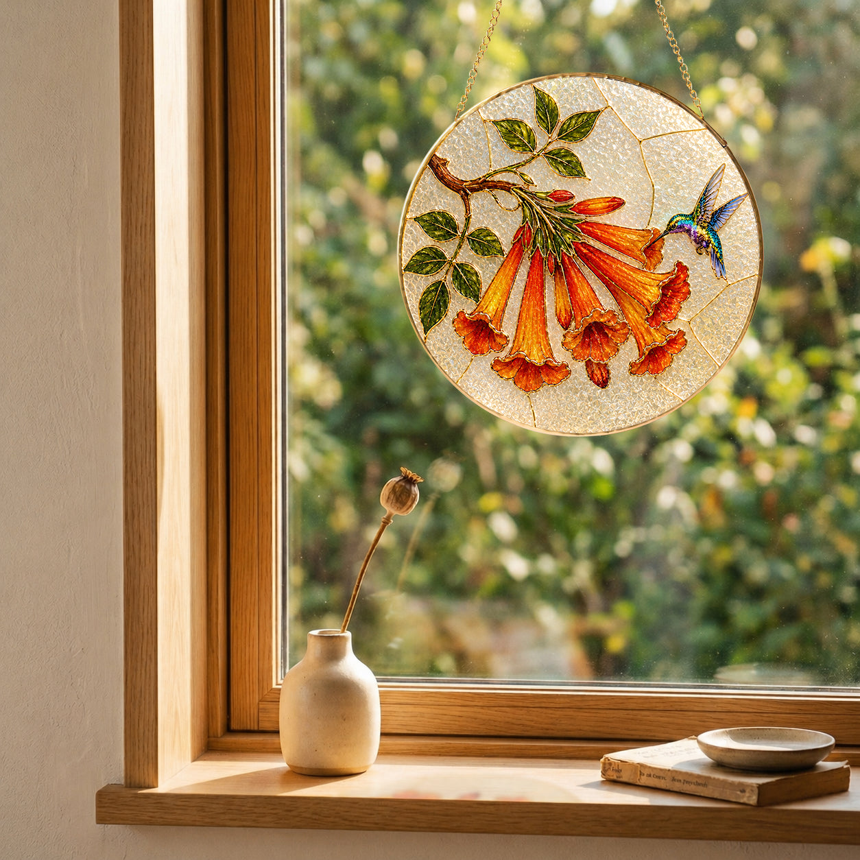 Hummingbird trumpet flower suncatcher in a bright window