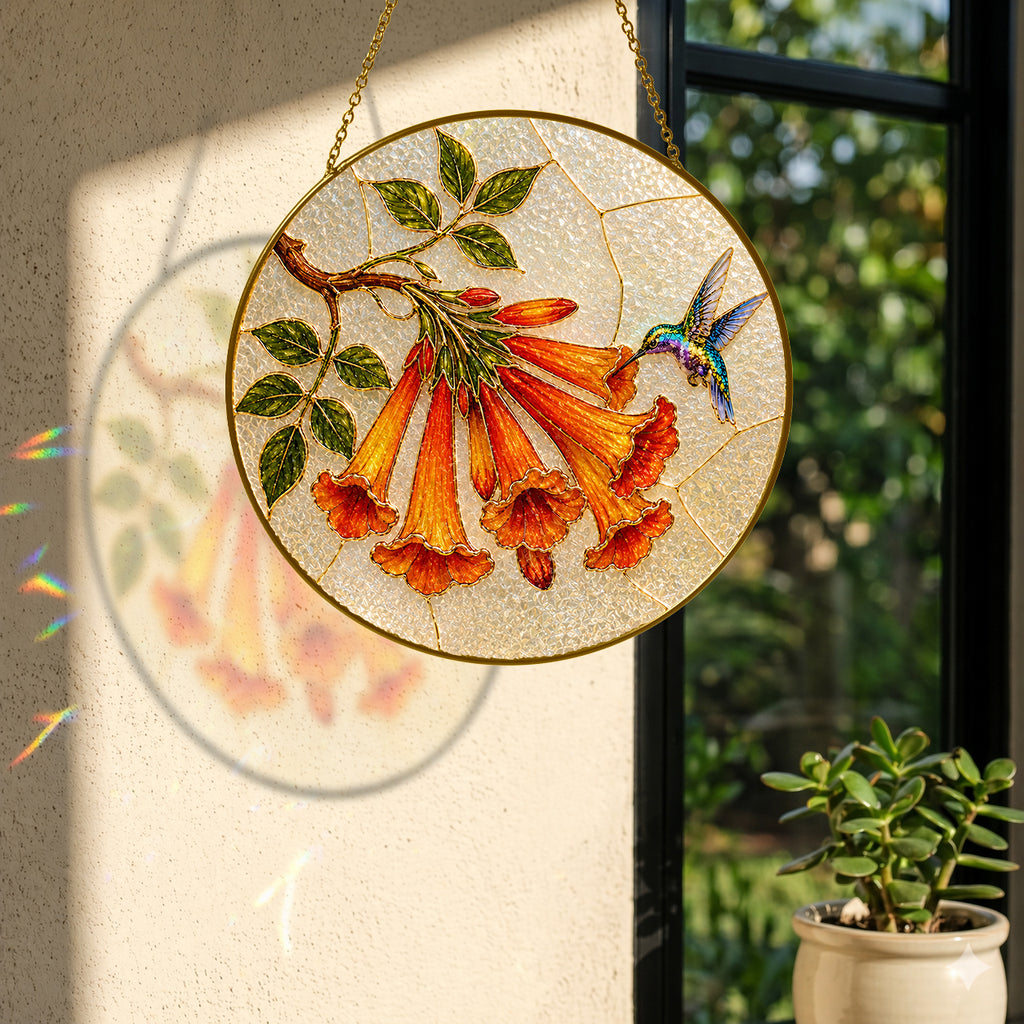 Hummingbird trumpet flower suncatcher with colorful light reflection