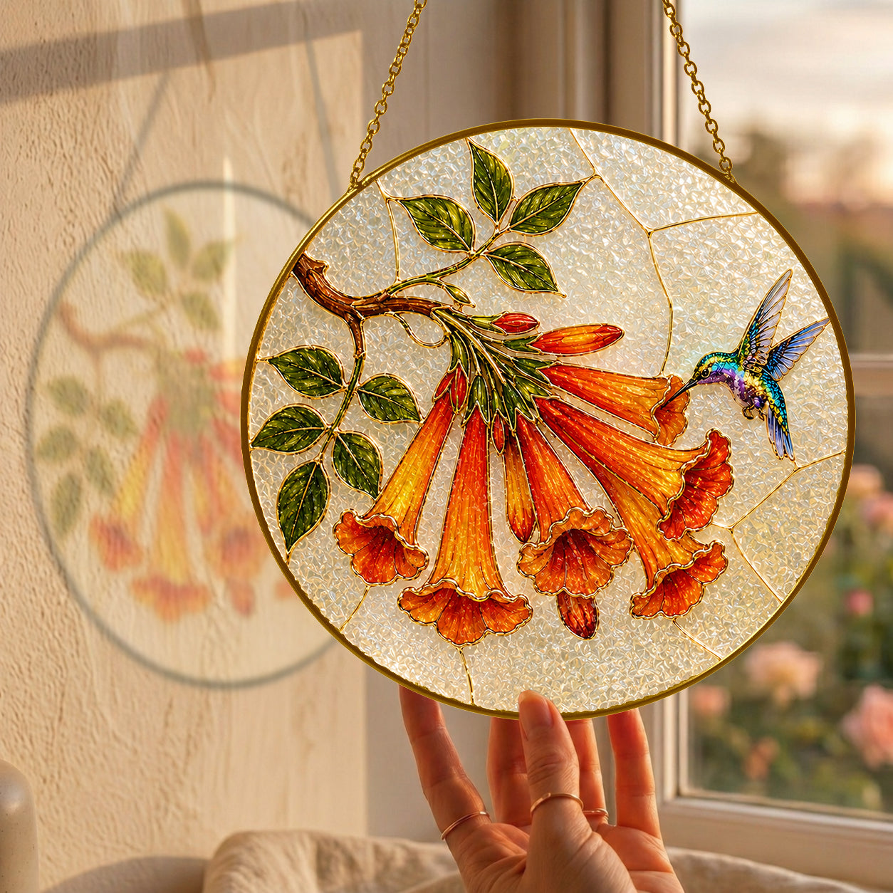 Hummingbird trumpet flower suncatcher size chart with 3.5, 4, 6, 7.8, 9.8, and 11.8 inch options