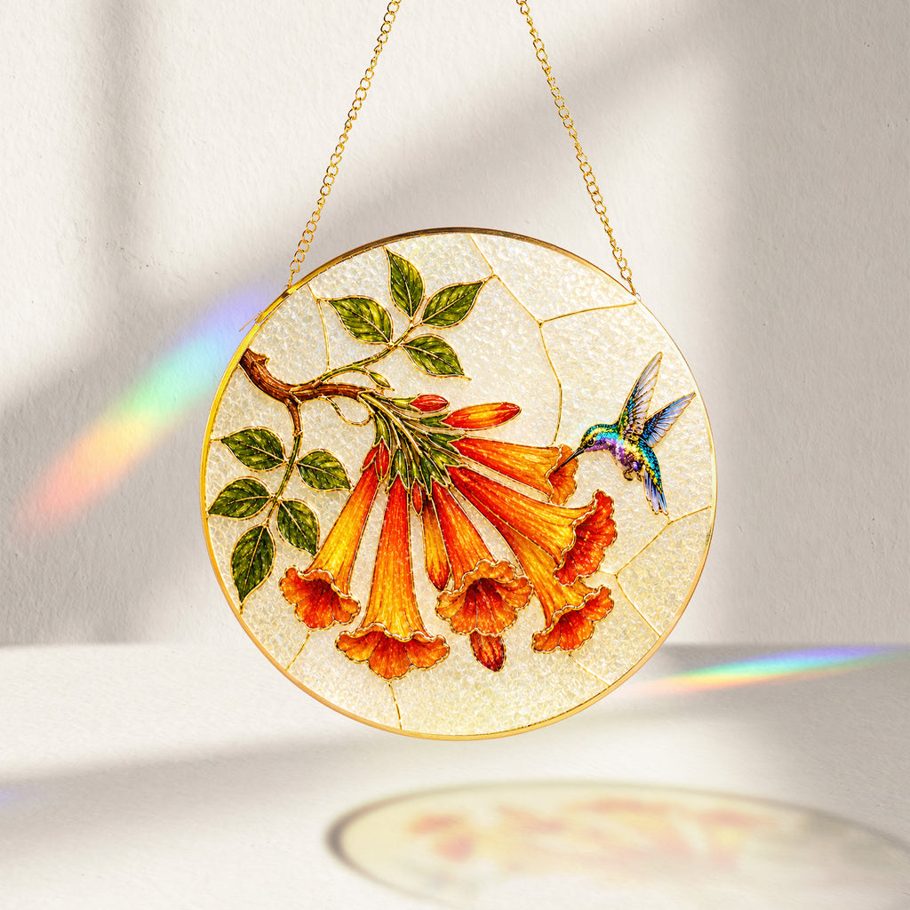 Hummingbird trumpet flower suncatcher with gold chain and suction cup