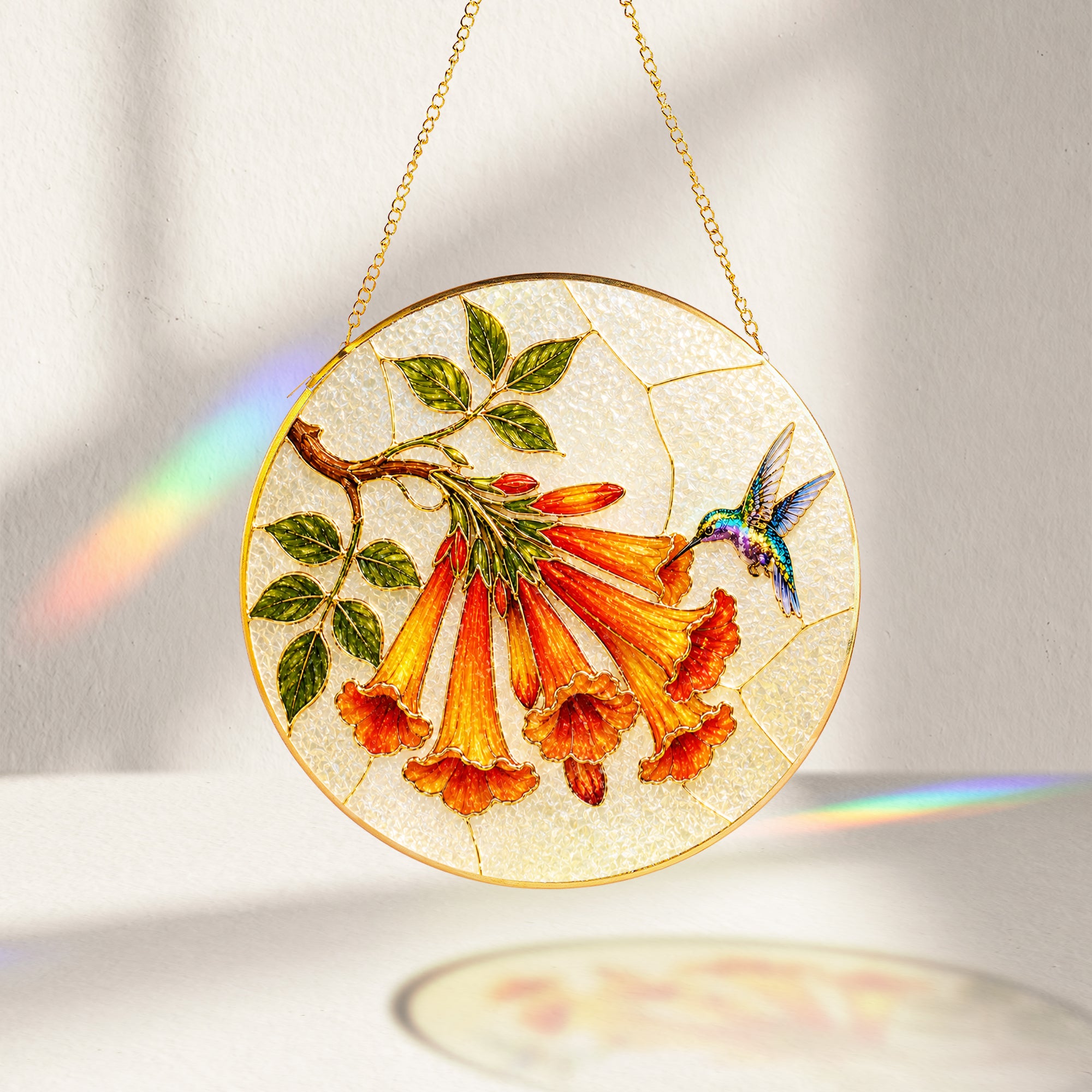 Hummingbird trumpet flower suncatcher with gold chain and suction cup