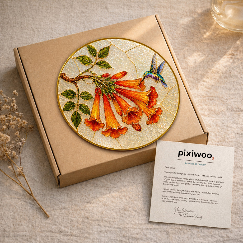 Hummingbird trumpet flower stained glass suncatcher on Pixiwoo gift packaging