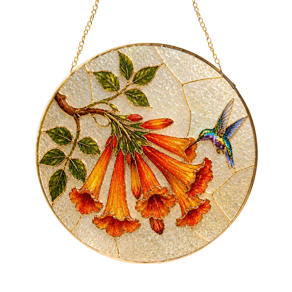 Hummingbird trumpet flower gold frame suncatcher product view