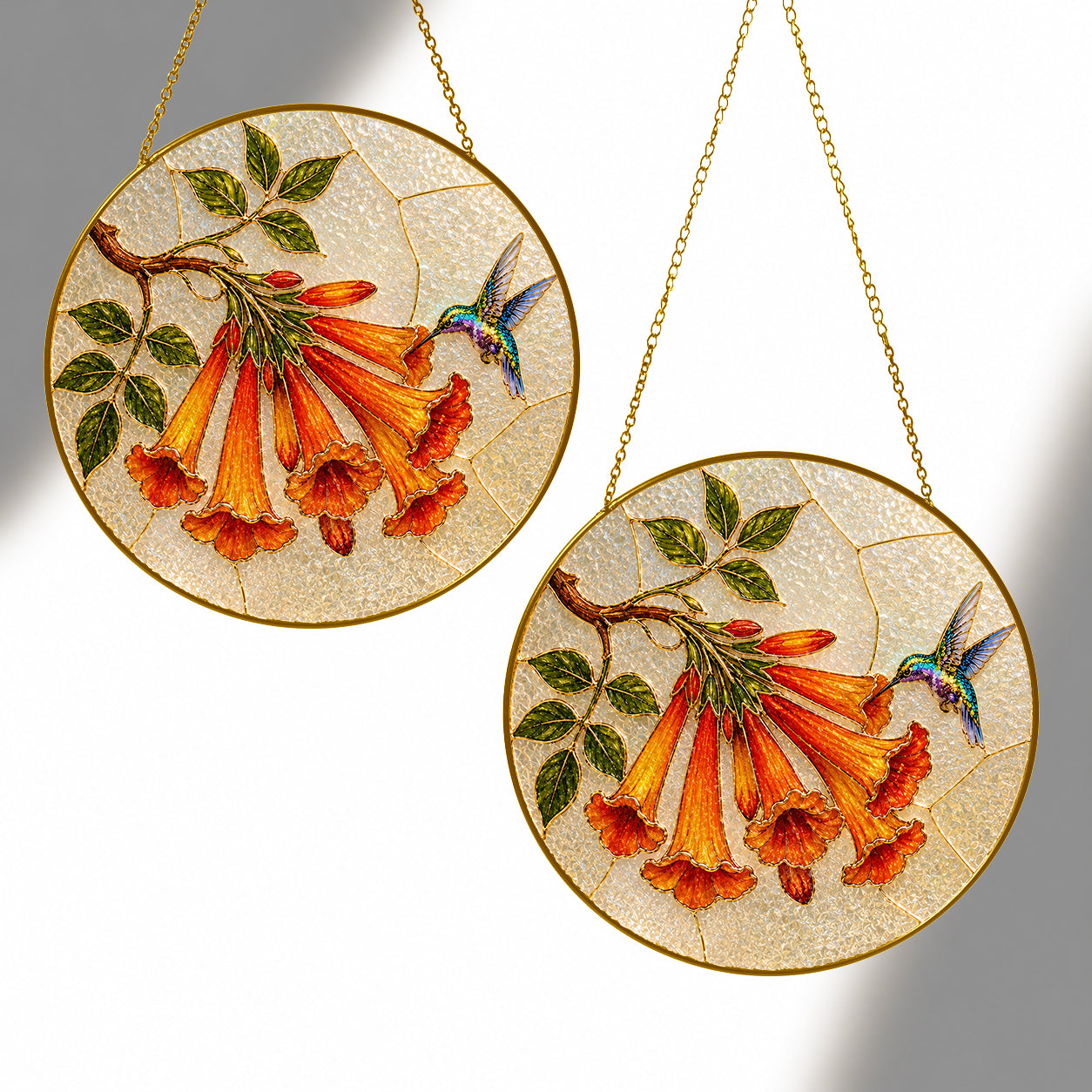 Hummingbird trumpet flower suncatcher shown in two sizes