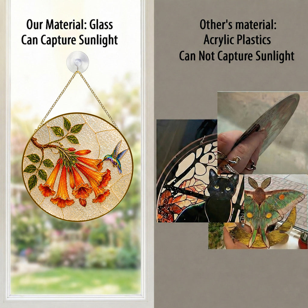 Real glass hummingbird trumpet flower suncatcher compared with acrylic, glass captures sunlight
