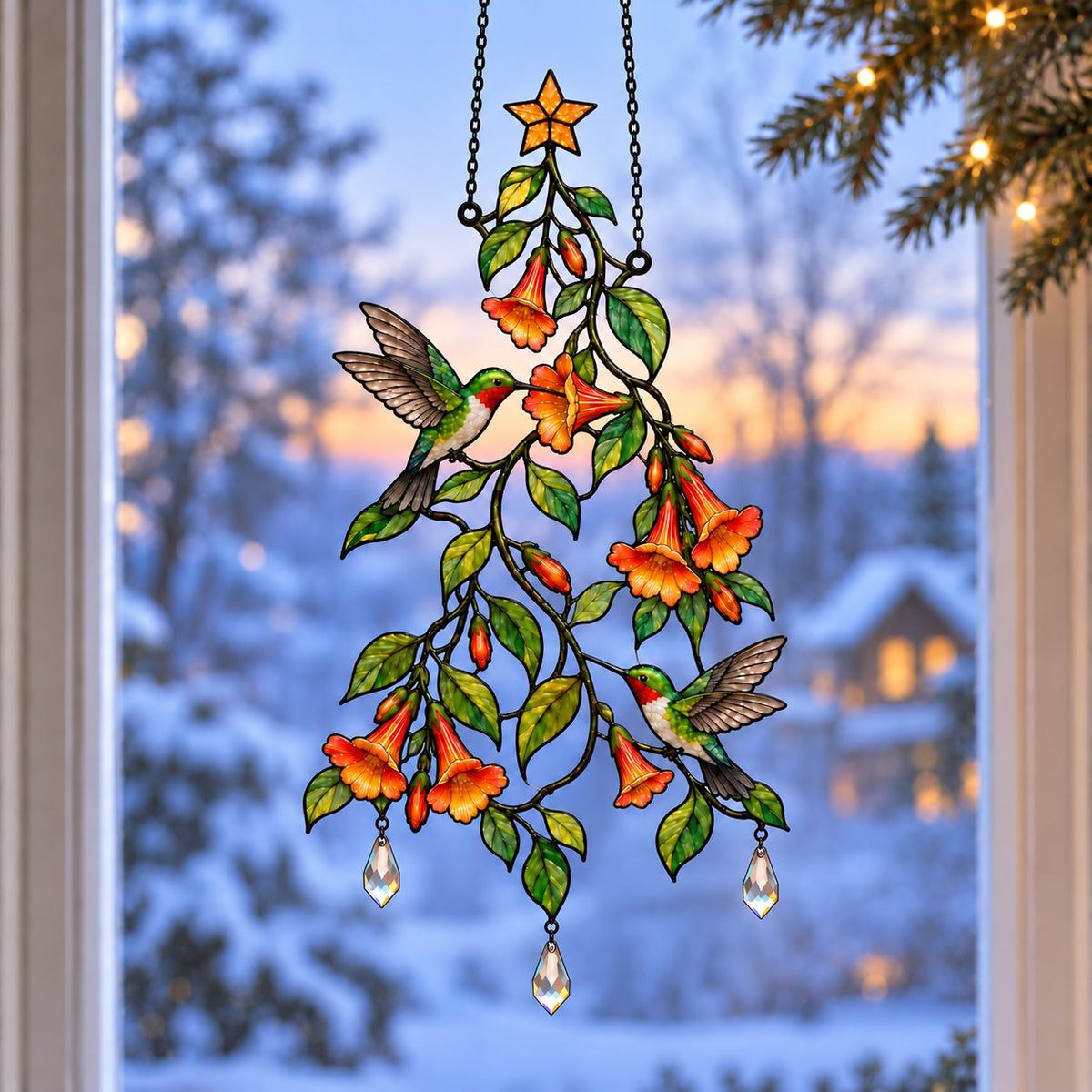 Hummingbird Trumpet Vine Christmas Tree Holographic Acrylic Suncatcher