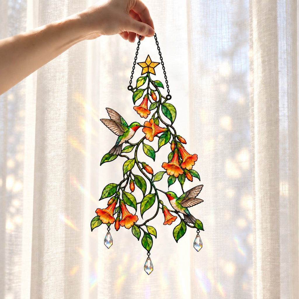 Hummingbird Trumpet Vine Christmas Tree Holographic Acrylic Suncatcher