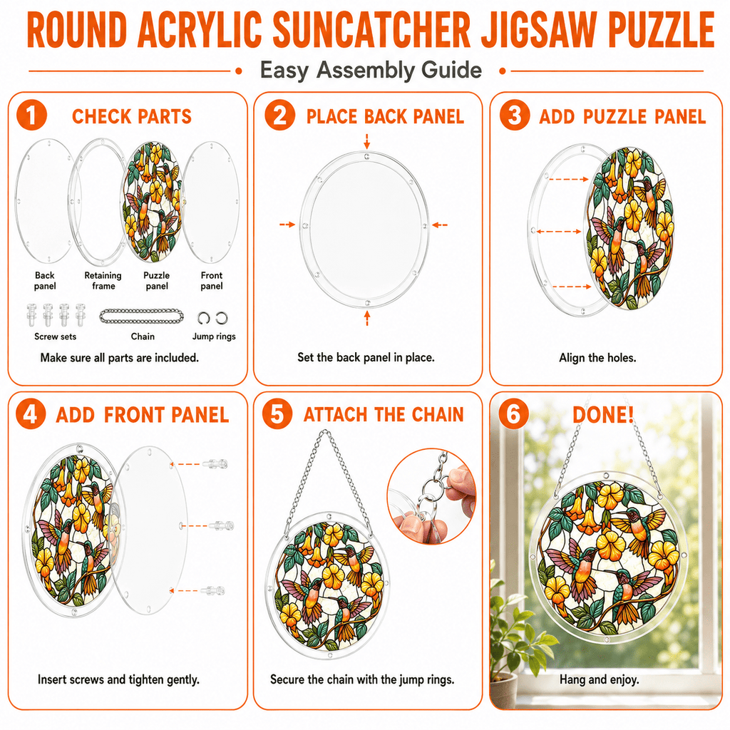 Easy assembly guide for round acrylic hummingbird puzzle suncatcher