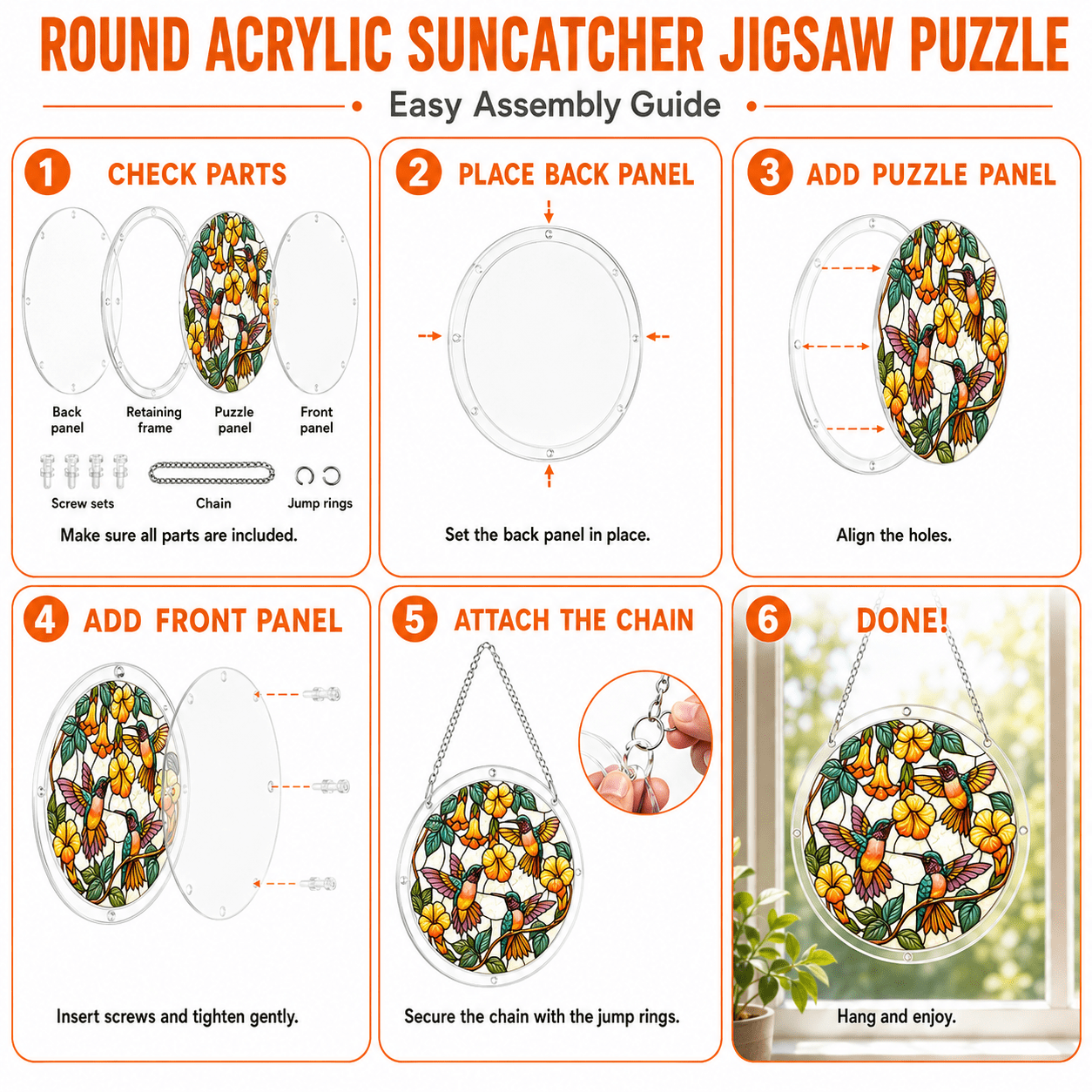 Easy assembly guide for round acrylic hummingbird puzzle suncatcher