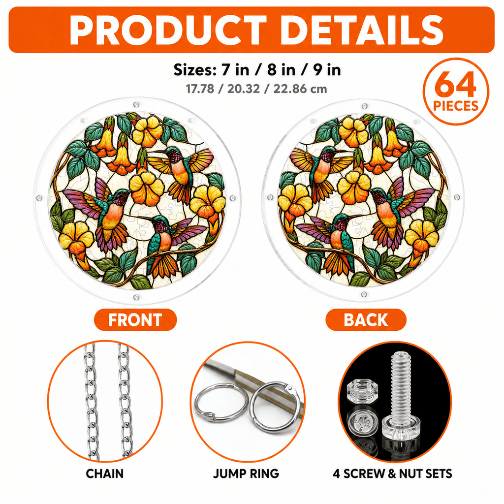 Product details of hummingbird yellow flower acrylic puzzle suncatcher with chain and screw sets