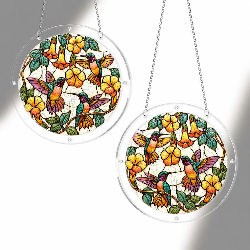 Hummingbird yellow flower acrylic puzzle suncatcher shown in multiple sizes