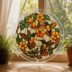 Hummingbird yellow flower acrylic puzzle suncatcher displayed in sunlight by a window