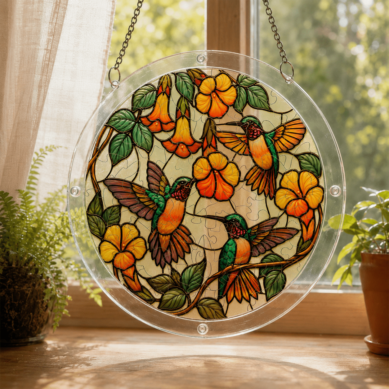 Hummingbird yellow flower acrylic puzzle suncatcher displayed in sunlight by a window
