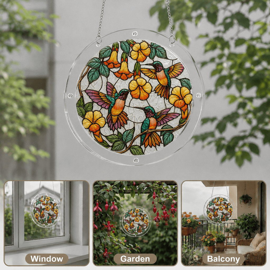 Hummingbird yellow flower acrylic puzzle suncatcher for window garden and balcony decor