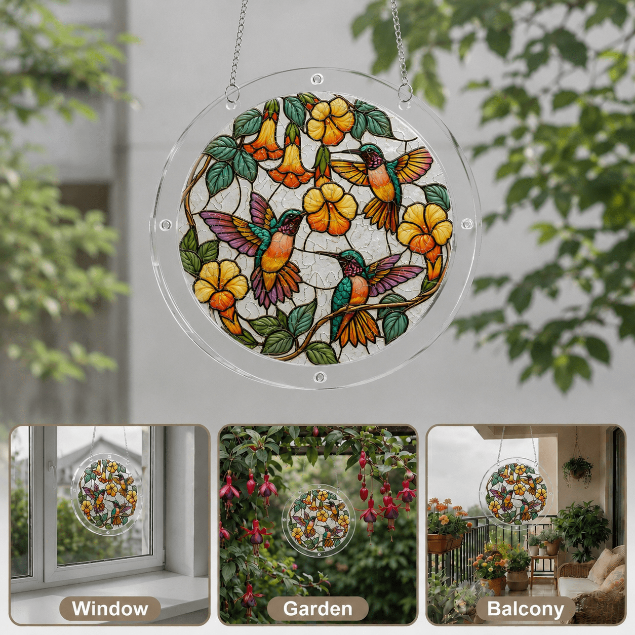 Hummingbird yellow flower acrylic puzzle suncatcher for window garden and balcony decor