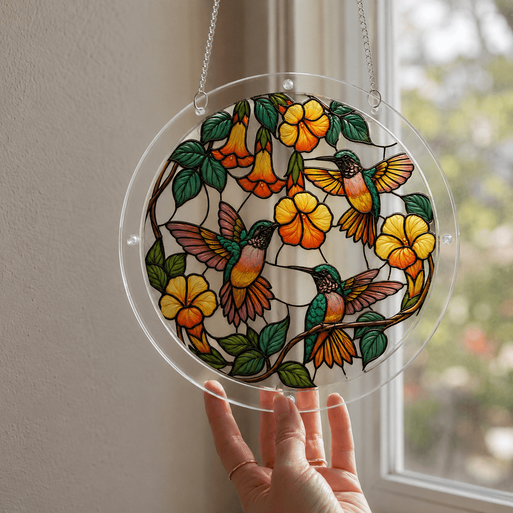 Hummingbird yellow flower acrylic puzzle suncatcher hanging by a window