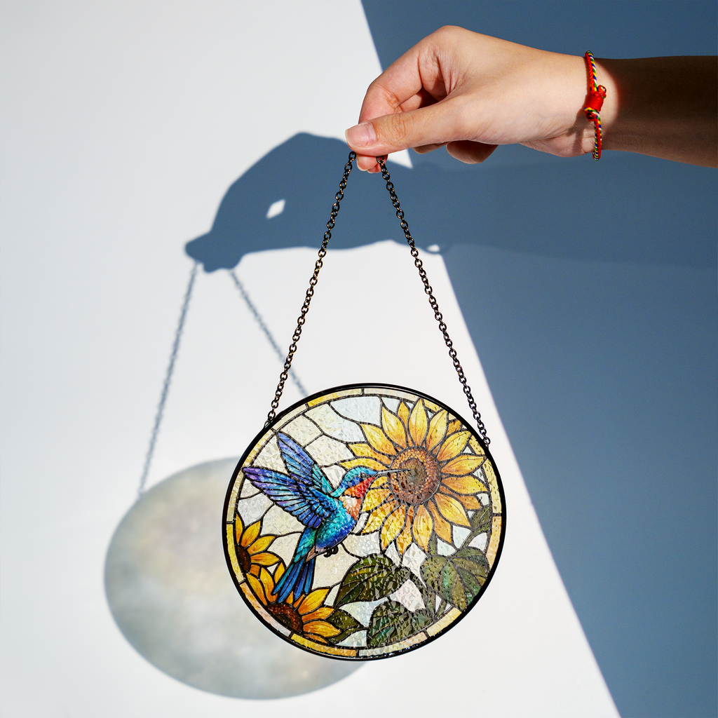 Sunflower & Hummingbird Vibrant Stained Glass Window Hanging