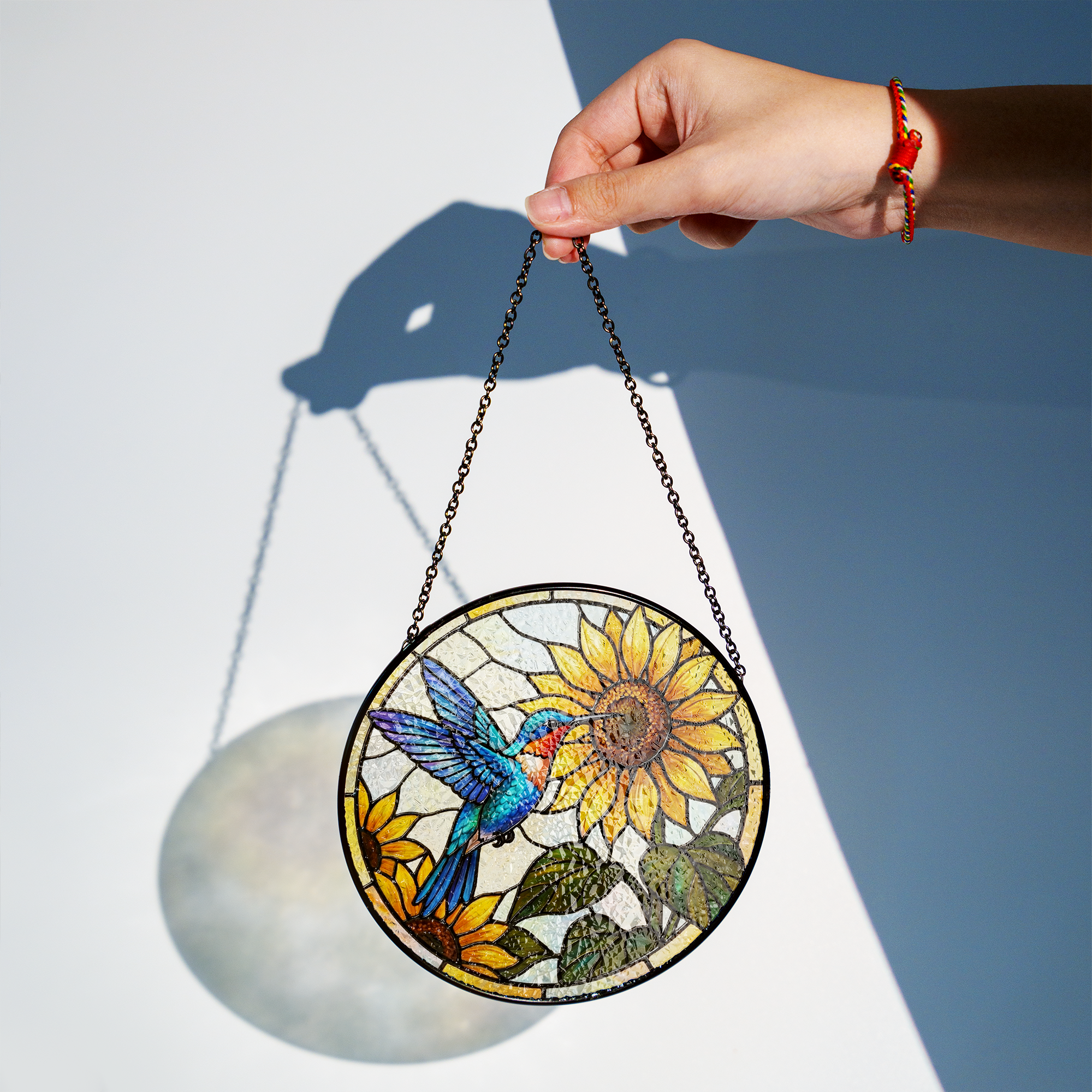 Sunflower & Hummingbird Vibrant Stained Glass Window Hanging