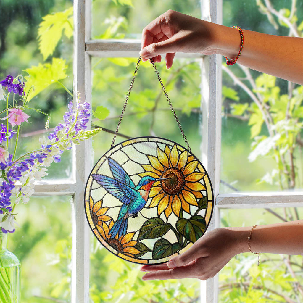 Sunflower & Hummingbird Vibrant Stained Glass Window Hanging