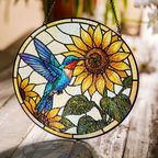 Sunflower & Hummingbird Vibrant Stained Glass Window Hanging