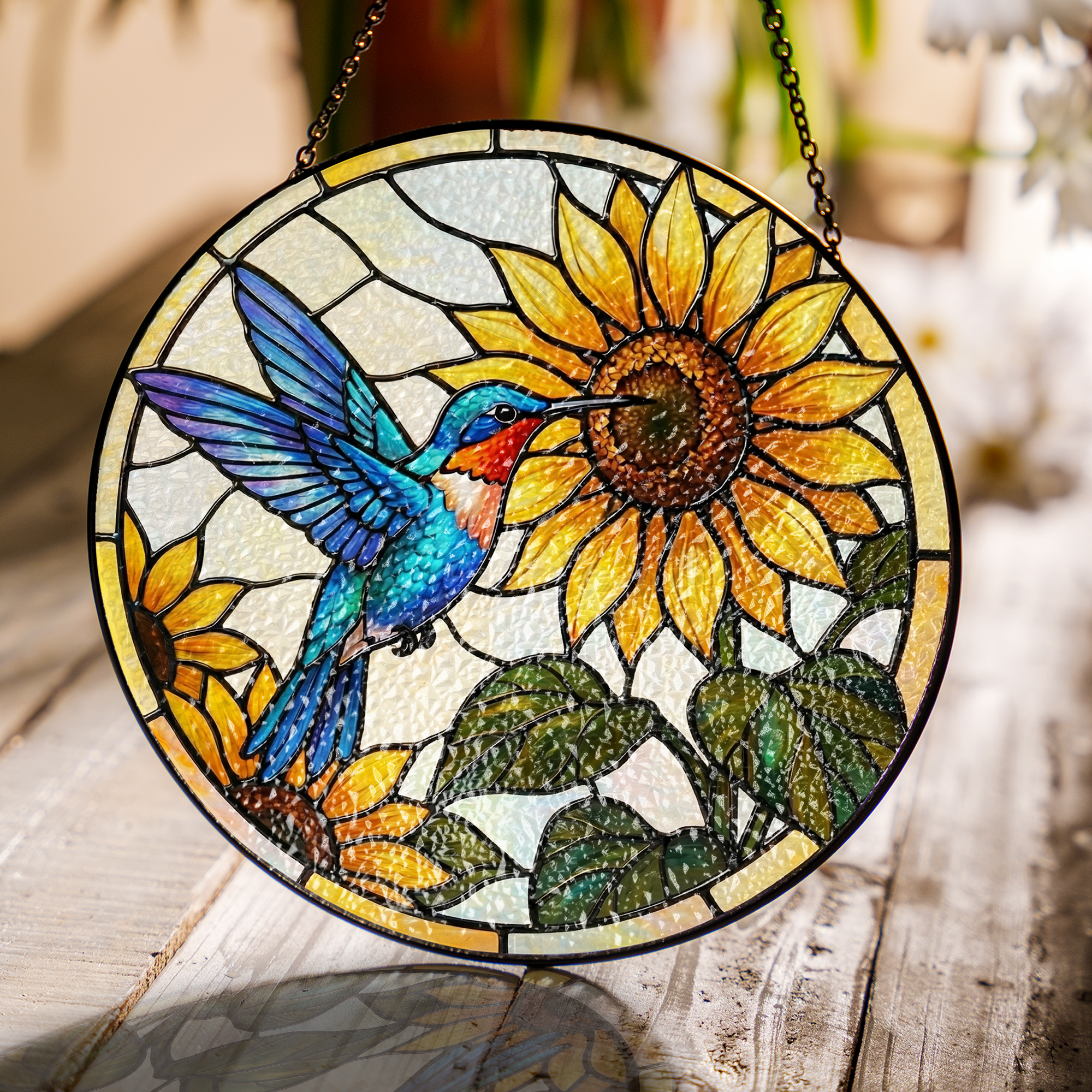Sunflower & Hummingbird Vibrant Stained Glass Window Hanging