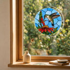 Hummingbird acrylic jigsaw puzzle suncatcher used as window decor in a cozy room