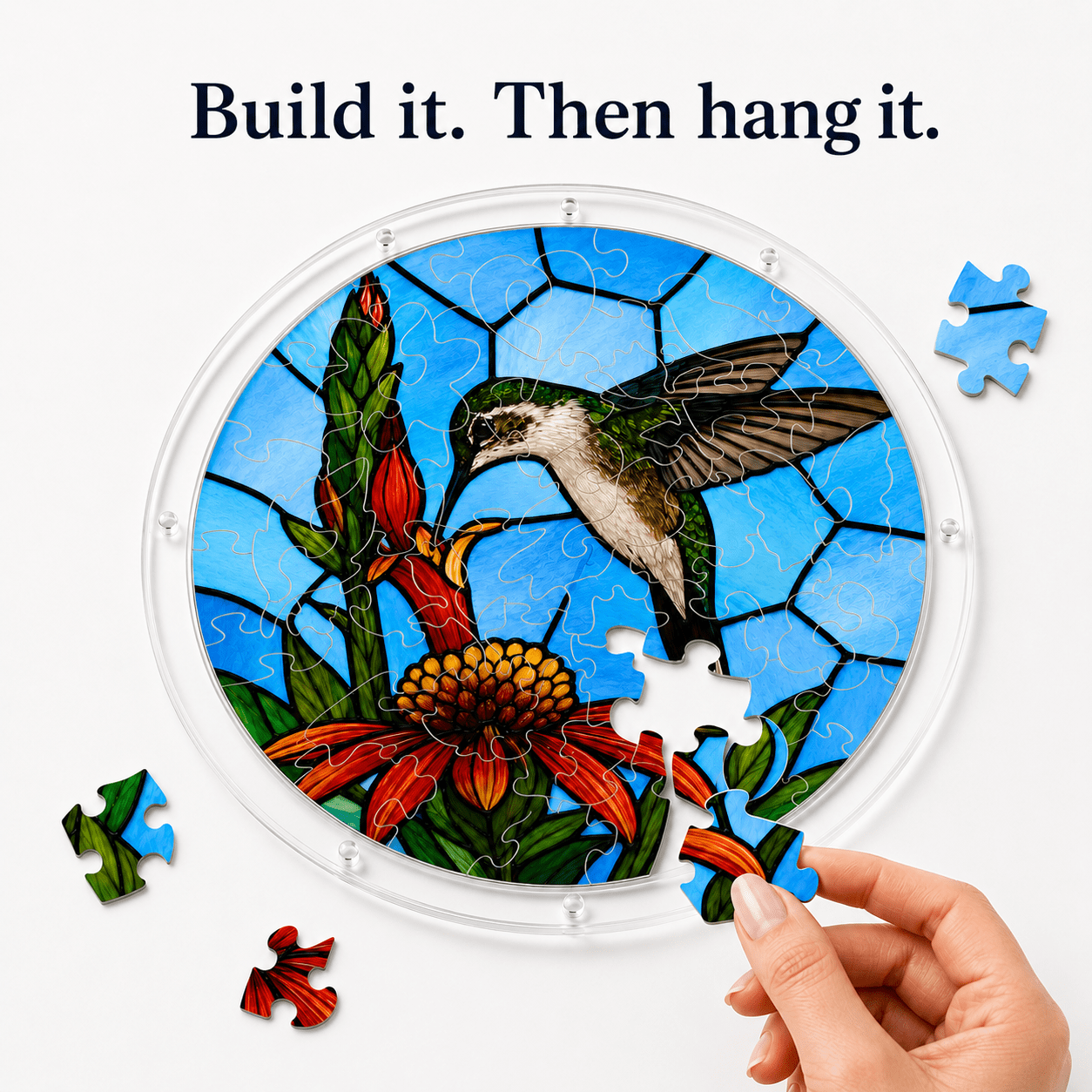 Build it then hang it hummingbird acrylic jigsaw puzzle suncatcher with puzzle pieces