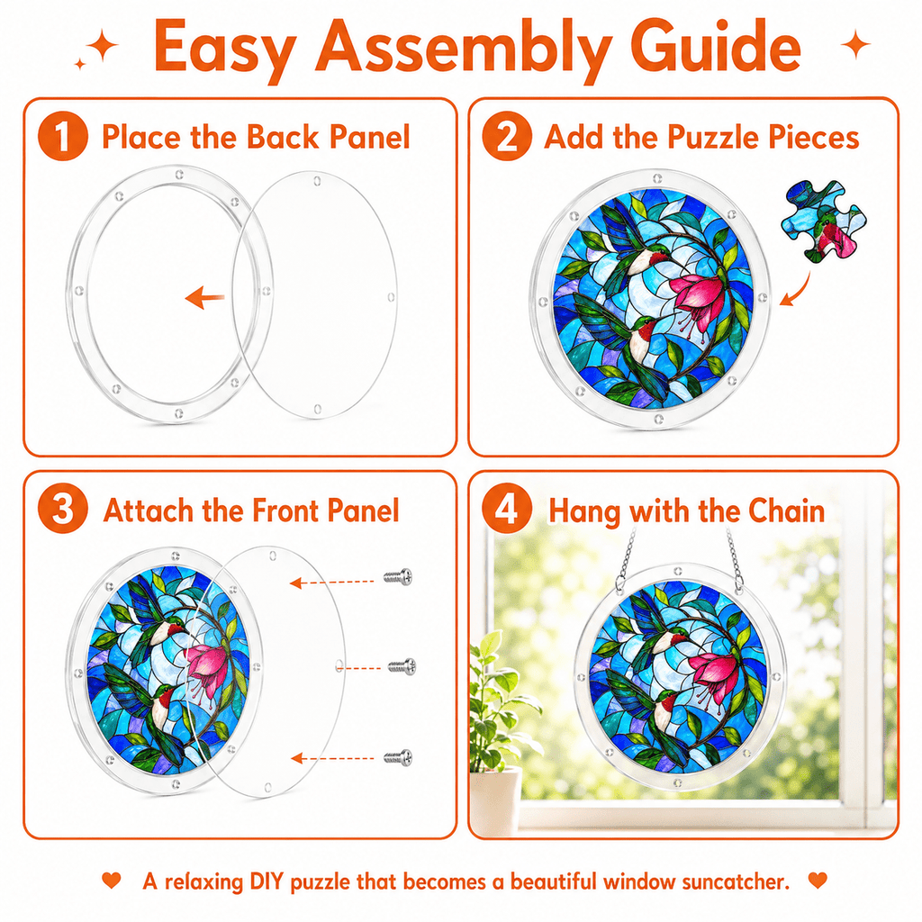 Easy assembly guide for hummingbird flower acrylic puzzle suncatcher with back panel, puzzle pieces, front panel, and hanging chain