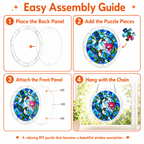 Easy assembly guide for hummingbird flower acrylic puzzle suncatcher with back panel, puzzle pieces, front panel, and hanging chain