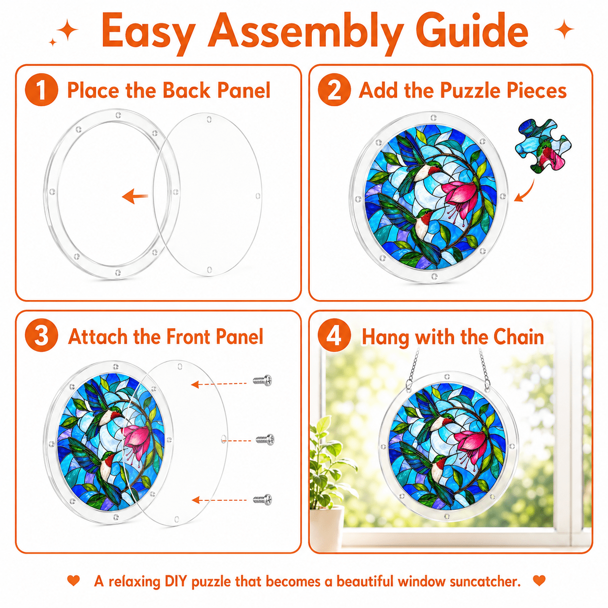 Easy assembly guide for hummingbird flower acrylic puzzle suncatcher with back panel, puzzle pieces, front panel, and hanging chain